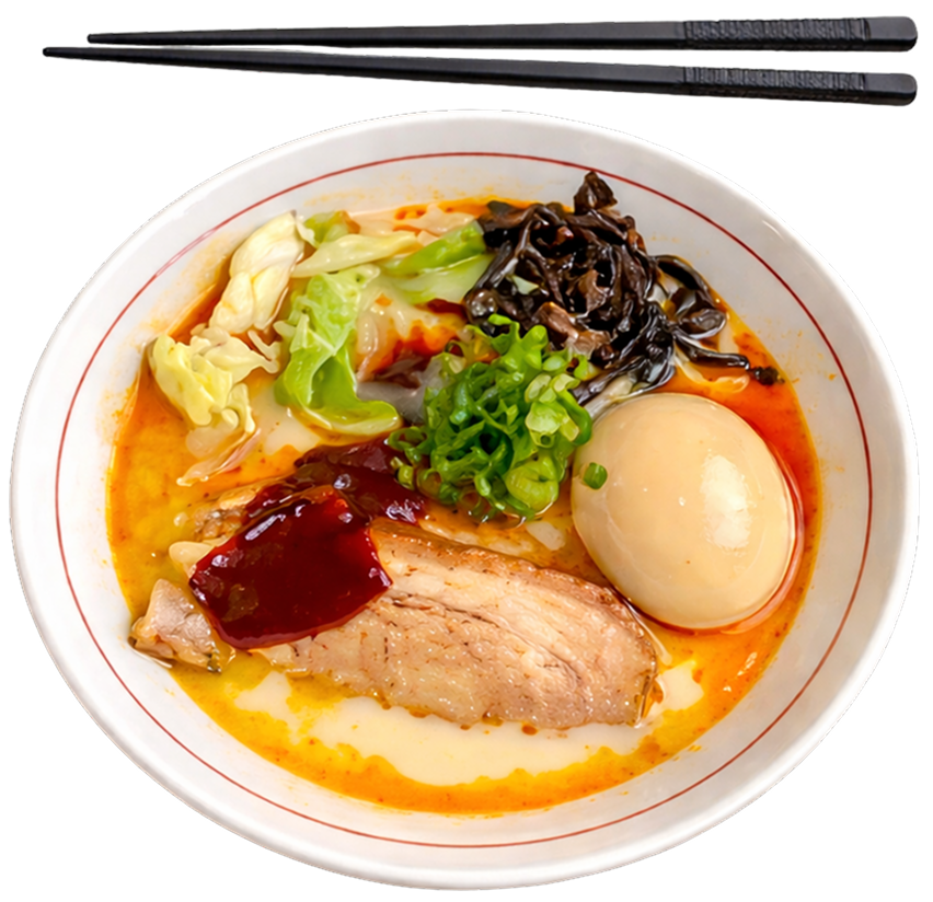 A bowl of spicy ramen topped with a soft-boiled egg, pork belly, cabbage, wood ear mushrooms, and onions, with chopsticks.