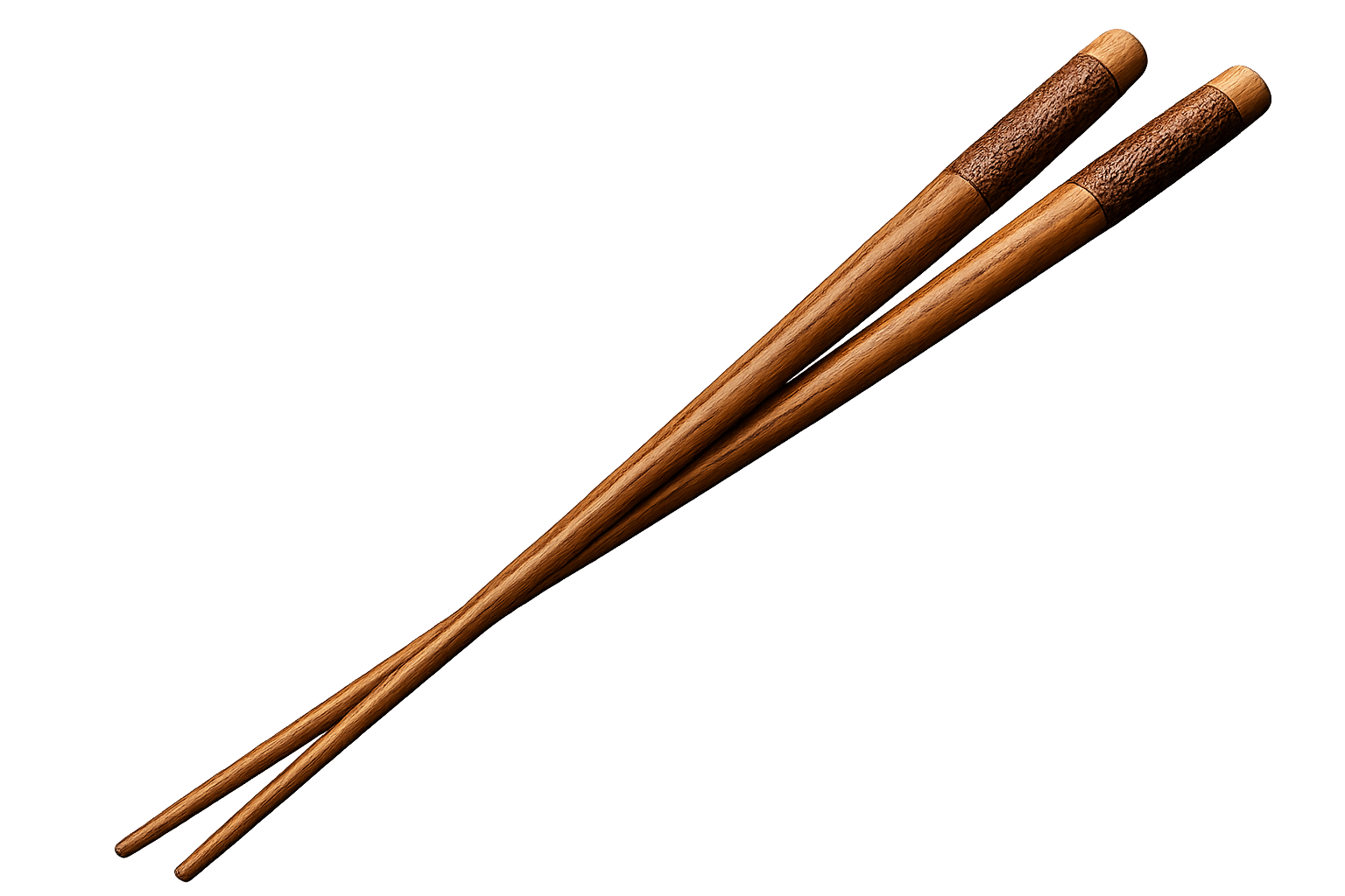 A pair of wooden chopsticks with textured, dark brown grips at the handles, angled against a plain white background.