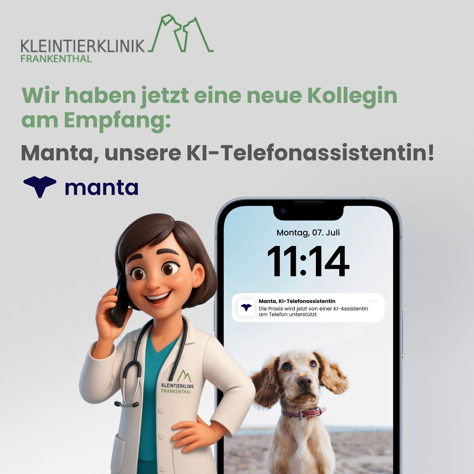 Ein Cartoon-Arzt telefoniert neben einem Hund.