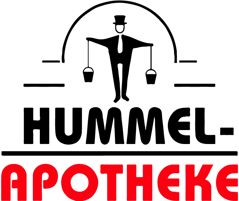 Das Logo der Hummel-Apotheke zeigt einen Mann im Anzug, der zwei Eimer hält.