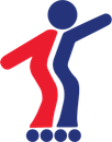 A red and blue silhouette of a person rollerblading