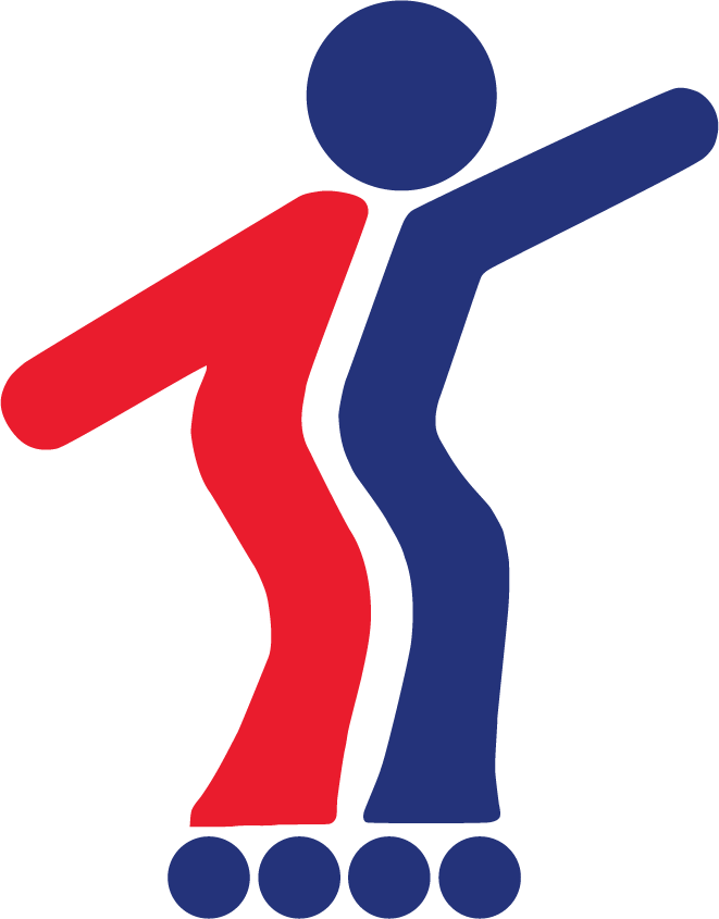 A red and blue silhouette of a person rollerblading