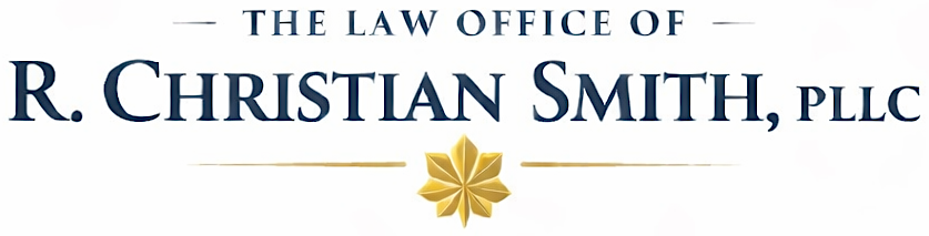 Logo for The Law Office of R. Christian Smith, PLLC, featuring dark blue text and a golden oak leaf.