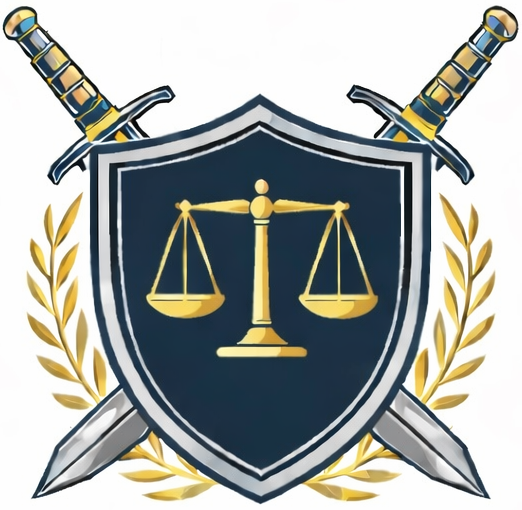 Shield with scales of justice, crossed swords, and laurel branches.