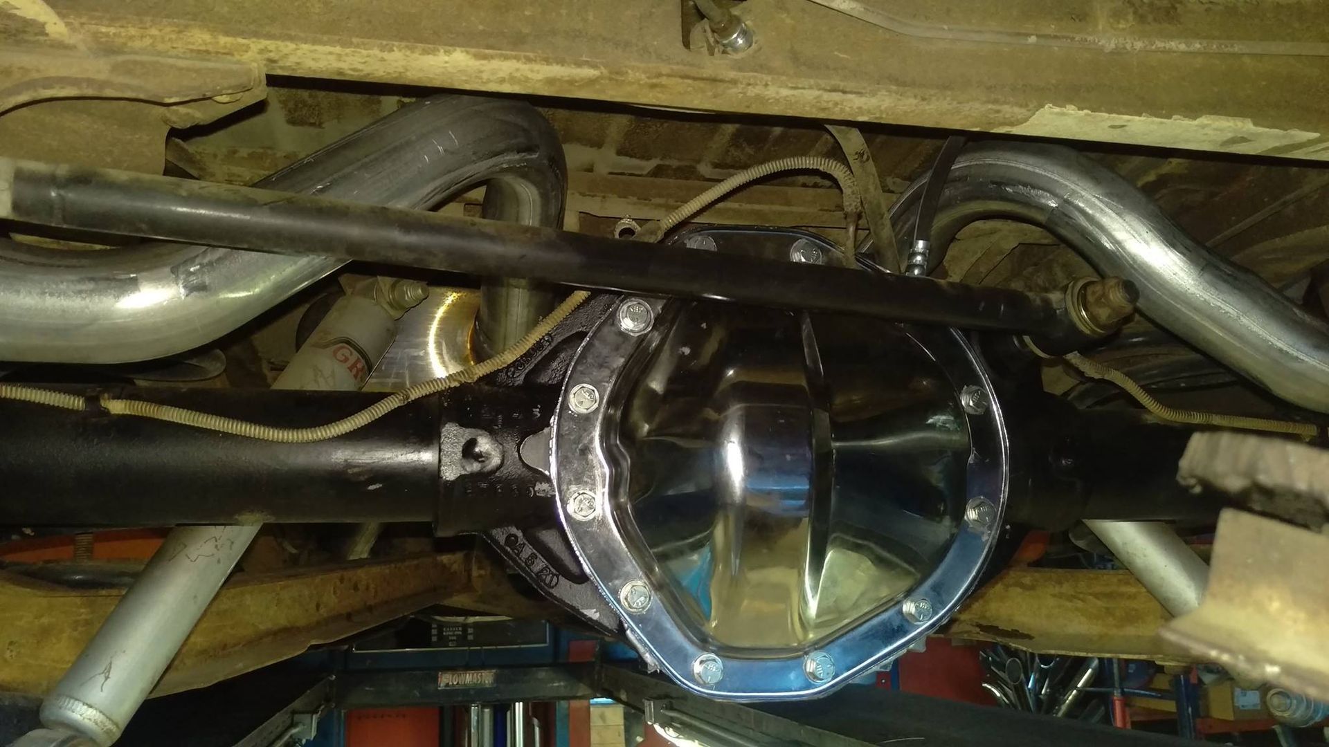 A close up of a rear differential on a truck.