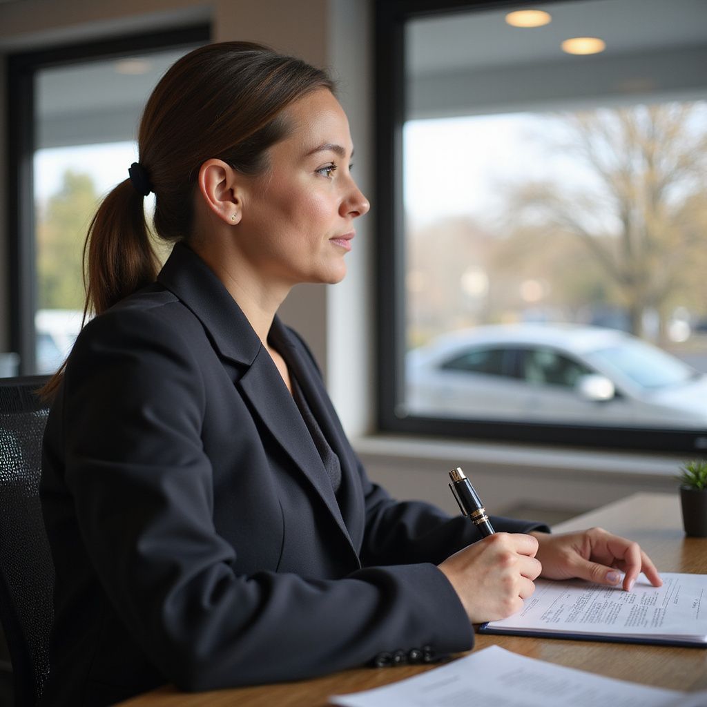 Woman in dark blazer, ponytail, writing at a desk, looking out the window.