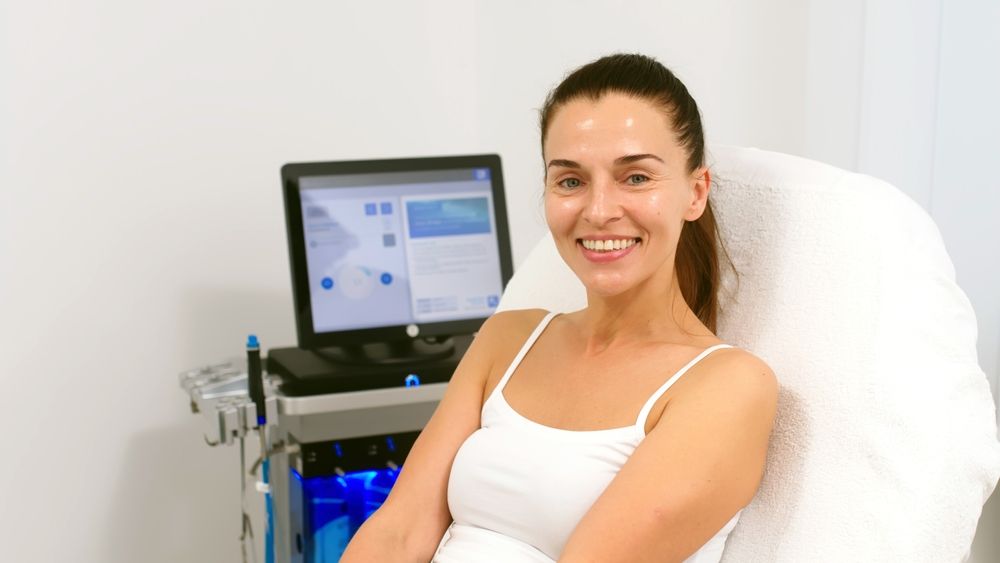 Woman in a white tank top smiling in a medical spa chair with equipment in the background.