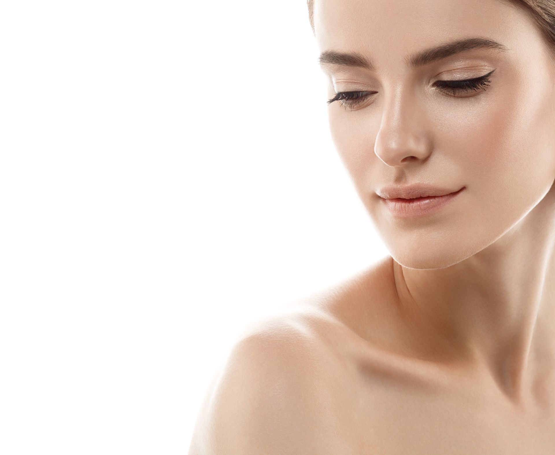 A close up of a woman 's face on a white background.