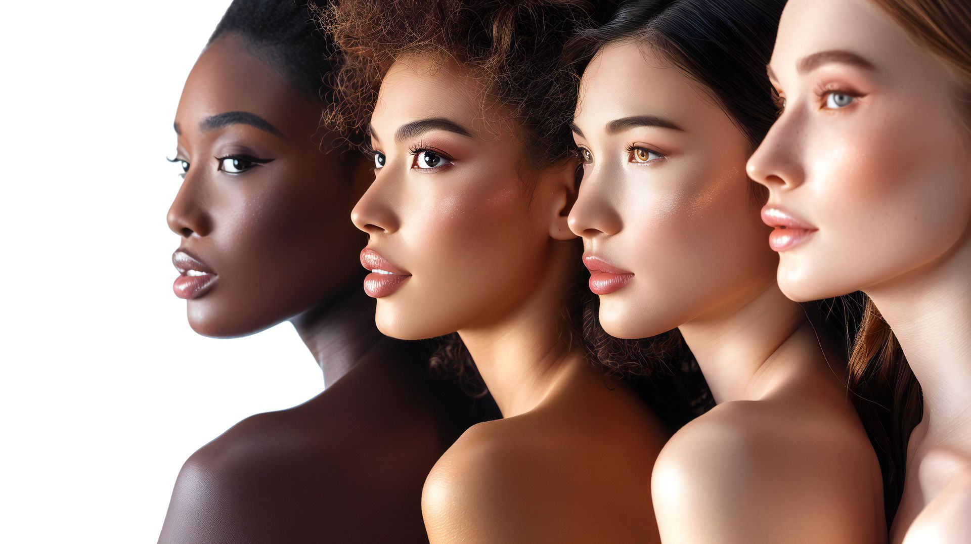 Four women with diverse skin tones, posed in profile.