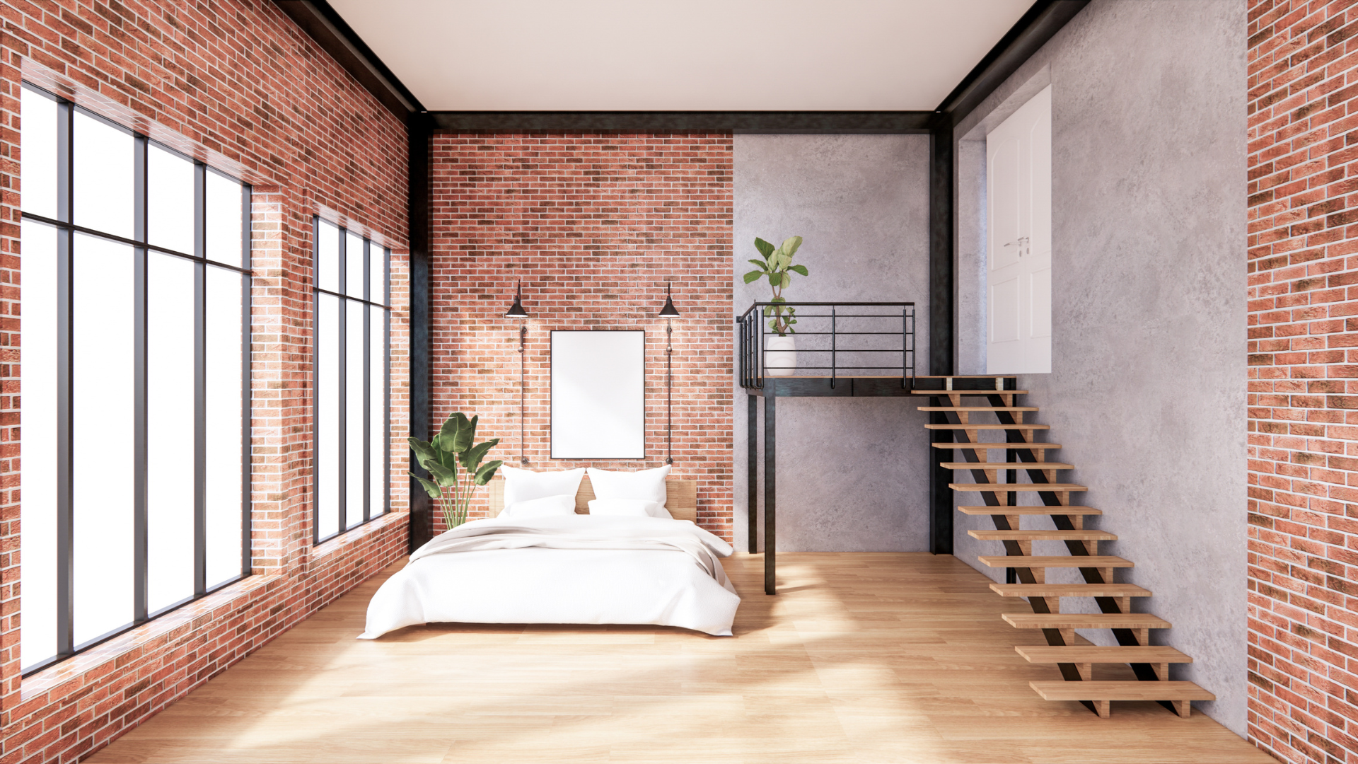 A bunk bed with stairs leading up to it in a wooden room.