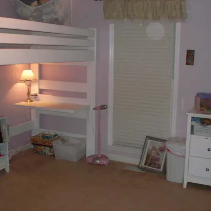 A bedroom with a bunk bed and a desk underneath it