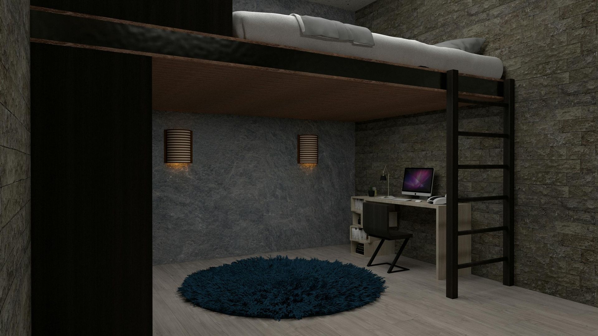 A bunk bed with stairs leading up to it in a wooden room.