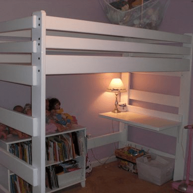 A white bunk bed with a desk underneath it
