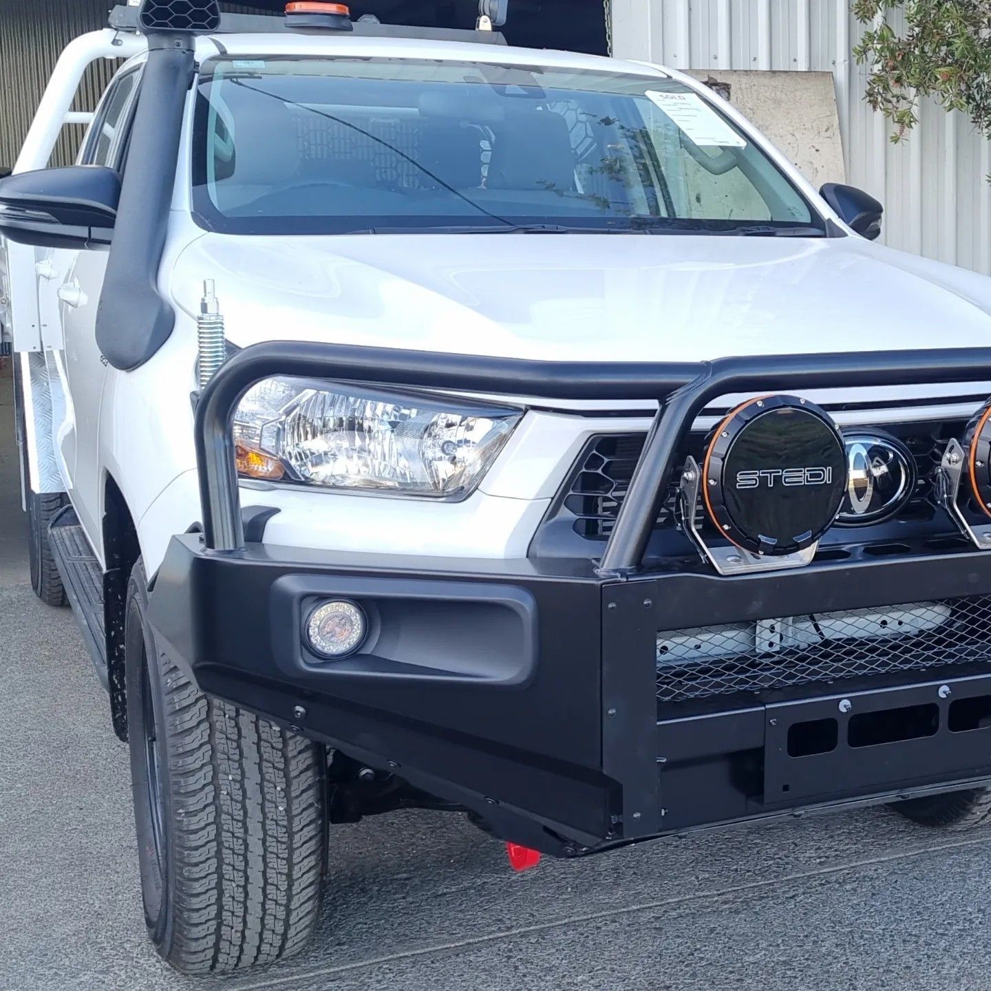White Toyota Truck with Black Bull Bar, Snorkel, and Spotlights — Sparky's 4x4 Auto Electrical In Taminda, NSW