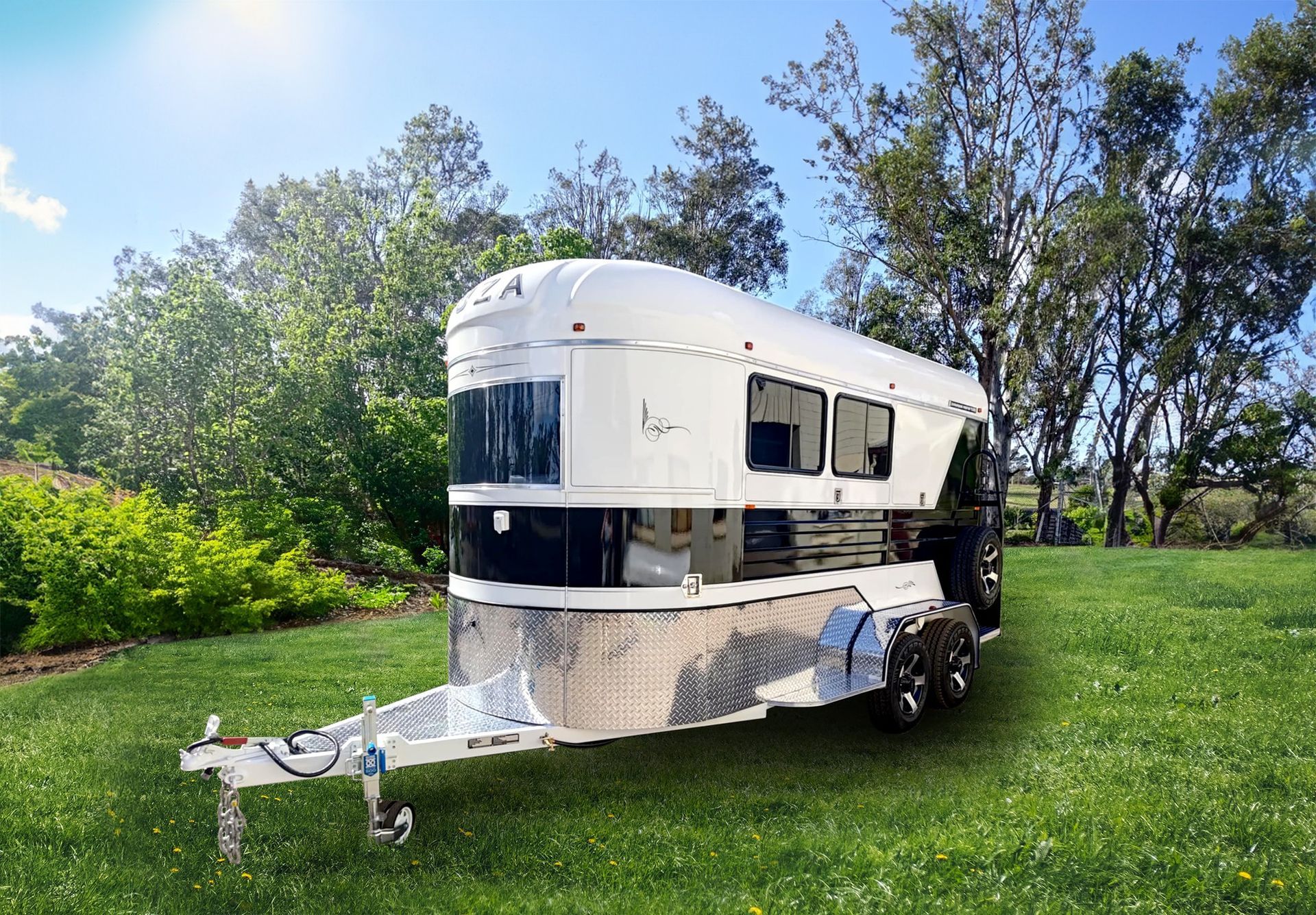 Horse Trailer on Green Grass with Trees in The Background — Sparky's 4x4 Auto Electrical In Taminda, NSW