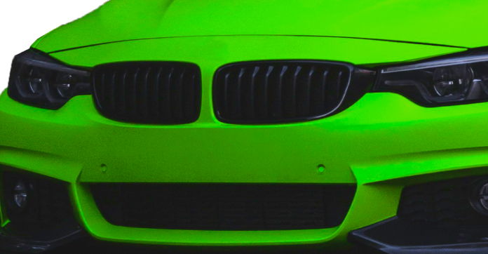 Green BMW front end with black grille and headlights. | European Plus