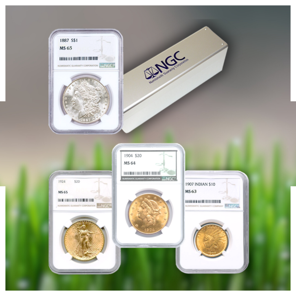 A group of coins sitting on top of each other next to a box.