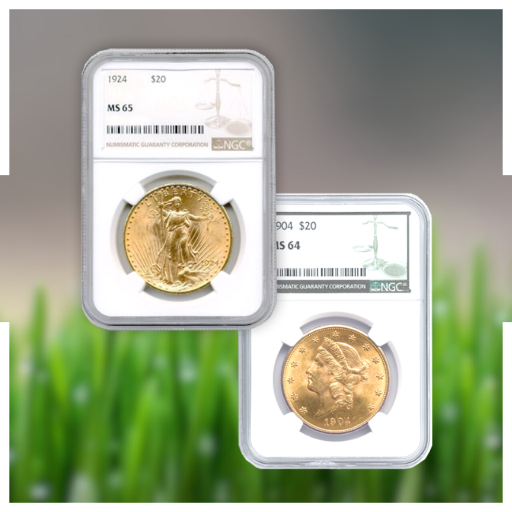 Two gold coins are sitting on top of each other in a display case.