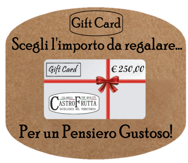 Carta regalo promozionale in italiano con decorazioni natalizie e un fiocco rosso, su sfondo ovale marrone.