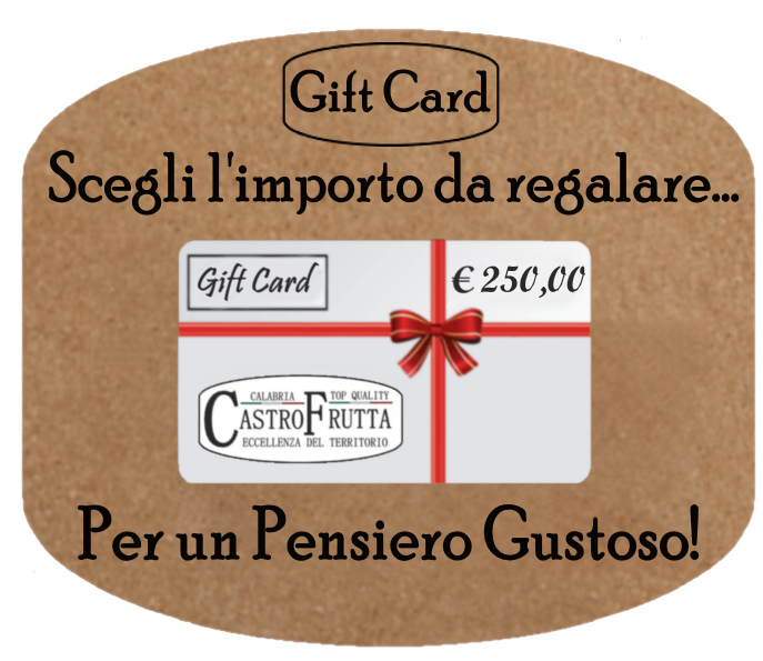 Carta regalo promozionale in italiano con decorazioni natalizie e un fiocco rosso, su sfondo ovale marrone.