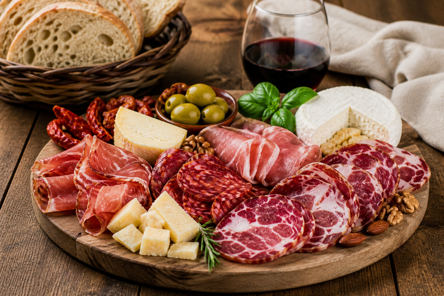 Tagliere in legno per aperitivo con salumi, formaggi e vino calabresi.