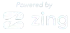 A white logo that says `` powered by zing '' on a white background.