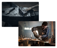 A blacksmith is working on a piece of metal on an anvil.