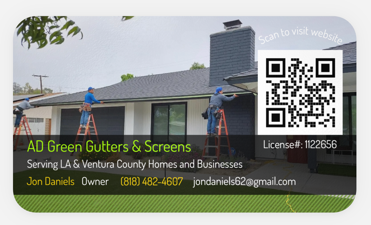 Business card for AD Green Gutters & Screens; workers on a roof, QR code, contact info.