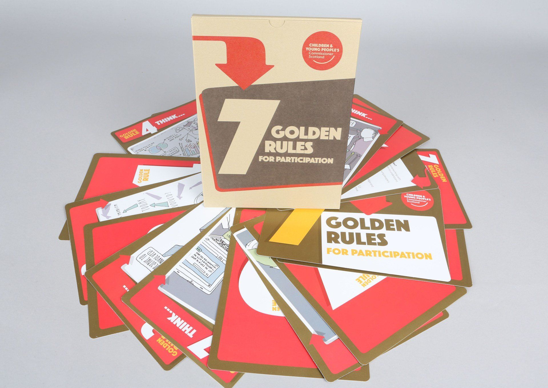 A book titled golden rules sits on top of a pile of cards