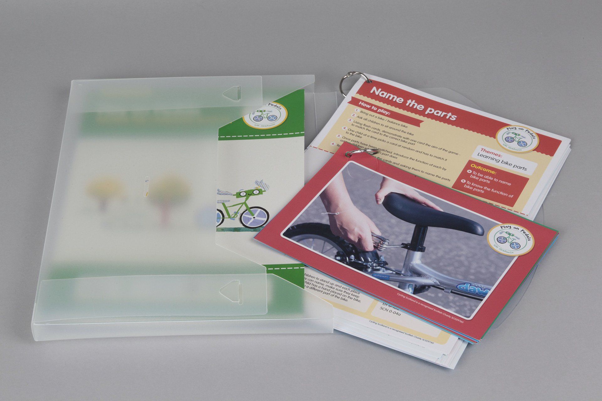 A binder with a picture of a person fixing a bicycle on it.