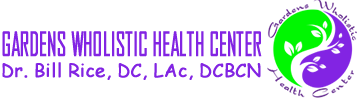 Gardens Wholistic Health Center logo with text and yin-yang symbol in green and purple.