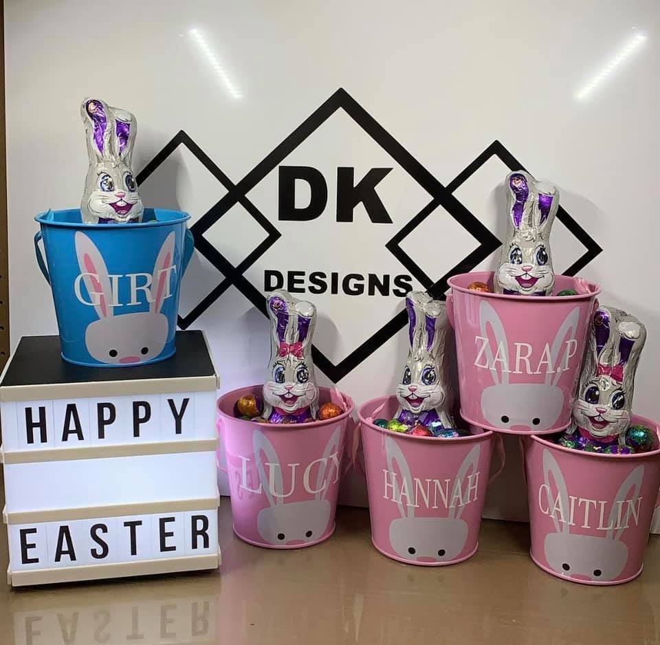 Easter baskets with chocolate bunnies and a 