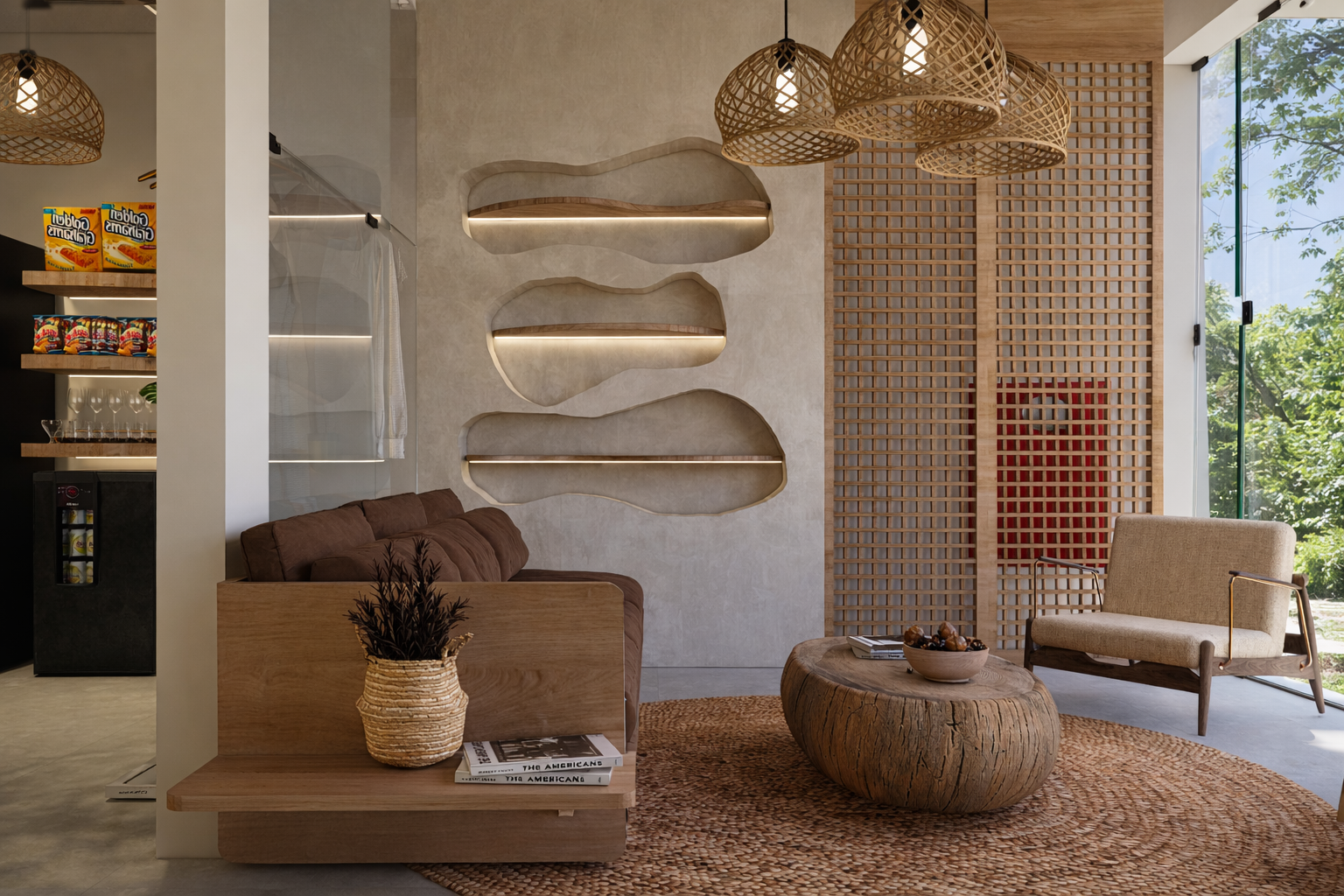 Interior aconchegante de um café com móveis de madeira, formas orgânicas e texturas trançadas.