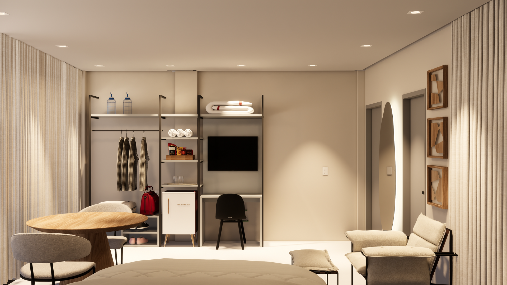 Sala de estar com escrivaninha, prateleiras, TV, duas cadeiras e uma mesa redonda.