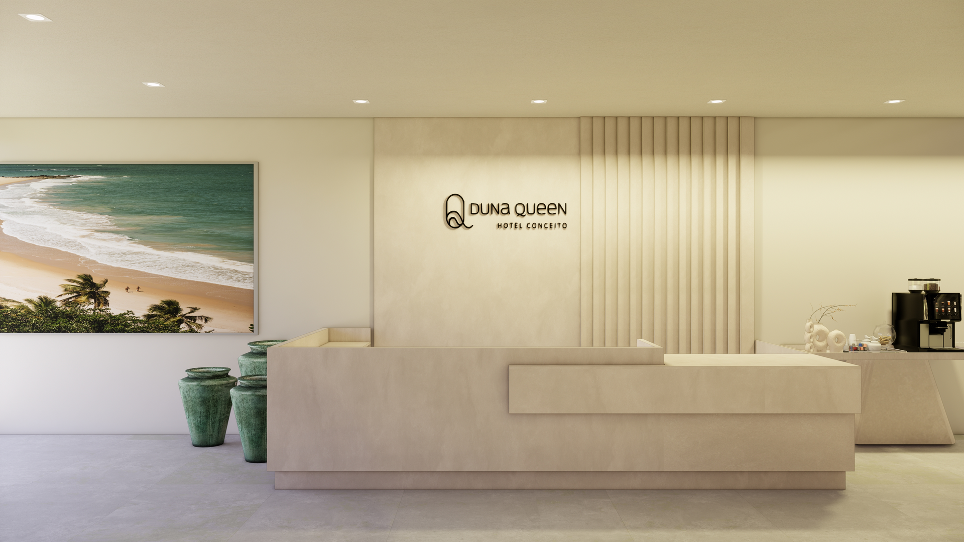 Área de recepção com balcão bege, obras de arte com temática oceânica e estação de café.