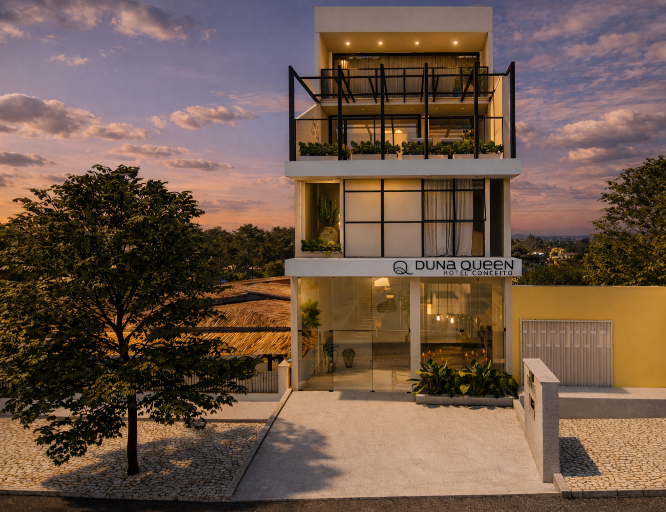 Prédio moderno de três andares com varanda, fachada de vidro e placa 