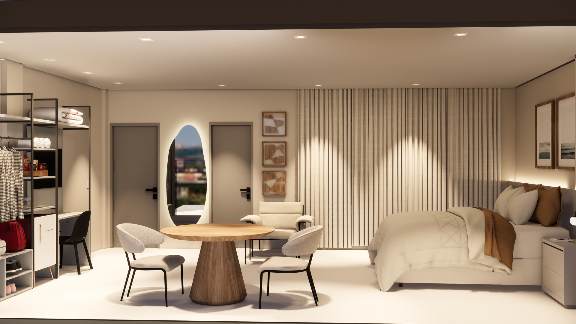 Quarto com cama, mesa, cadeiras, espelho e armário; cores neutras, design moderno.