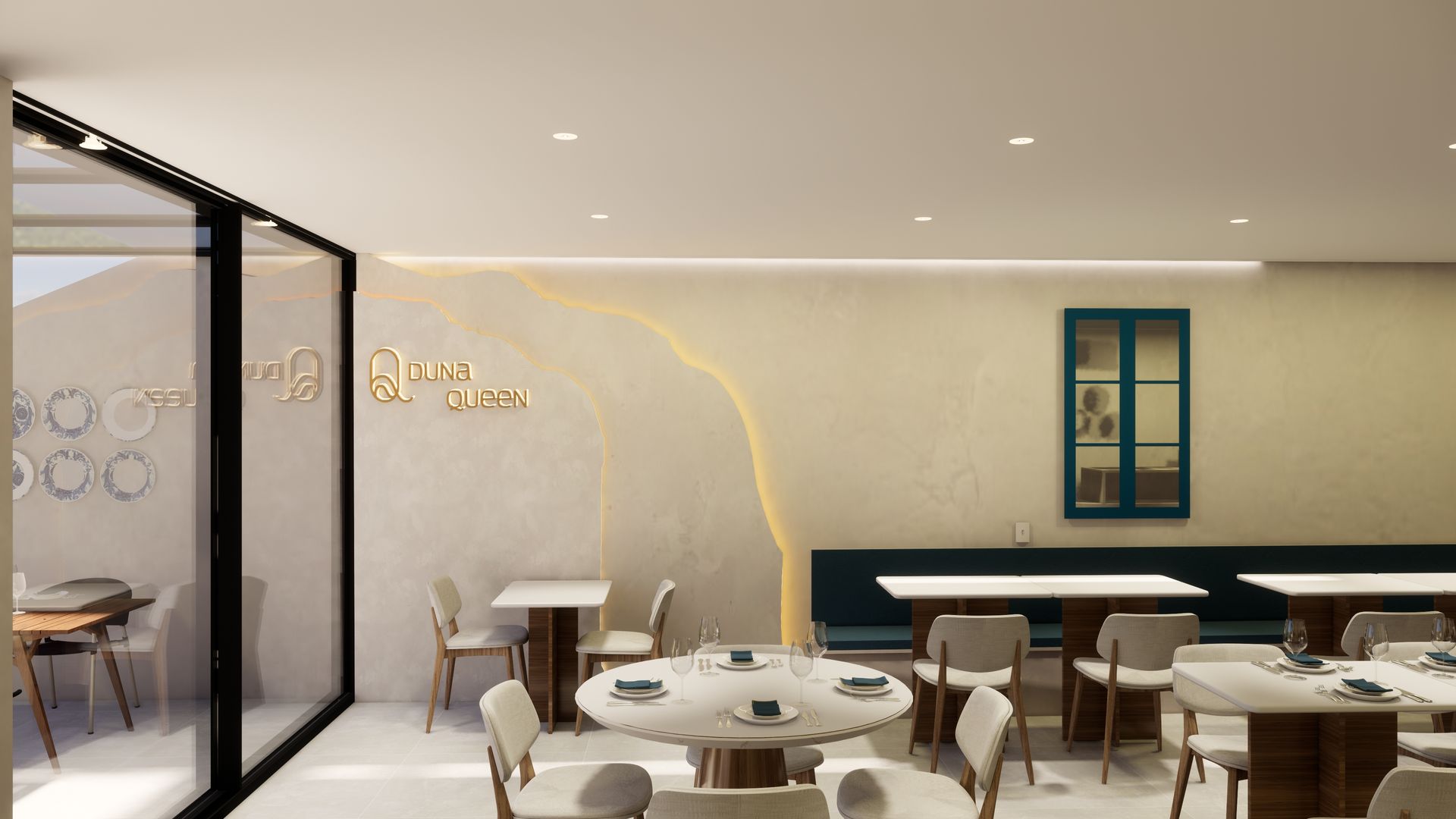 Interior de restaurante com mesas e cadeiras, parede decorativa com detalhes dourados e parede de vidro.