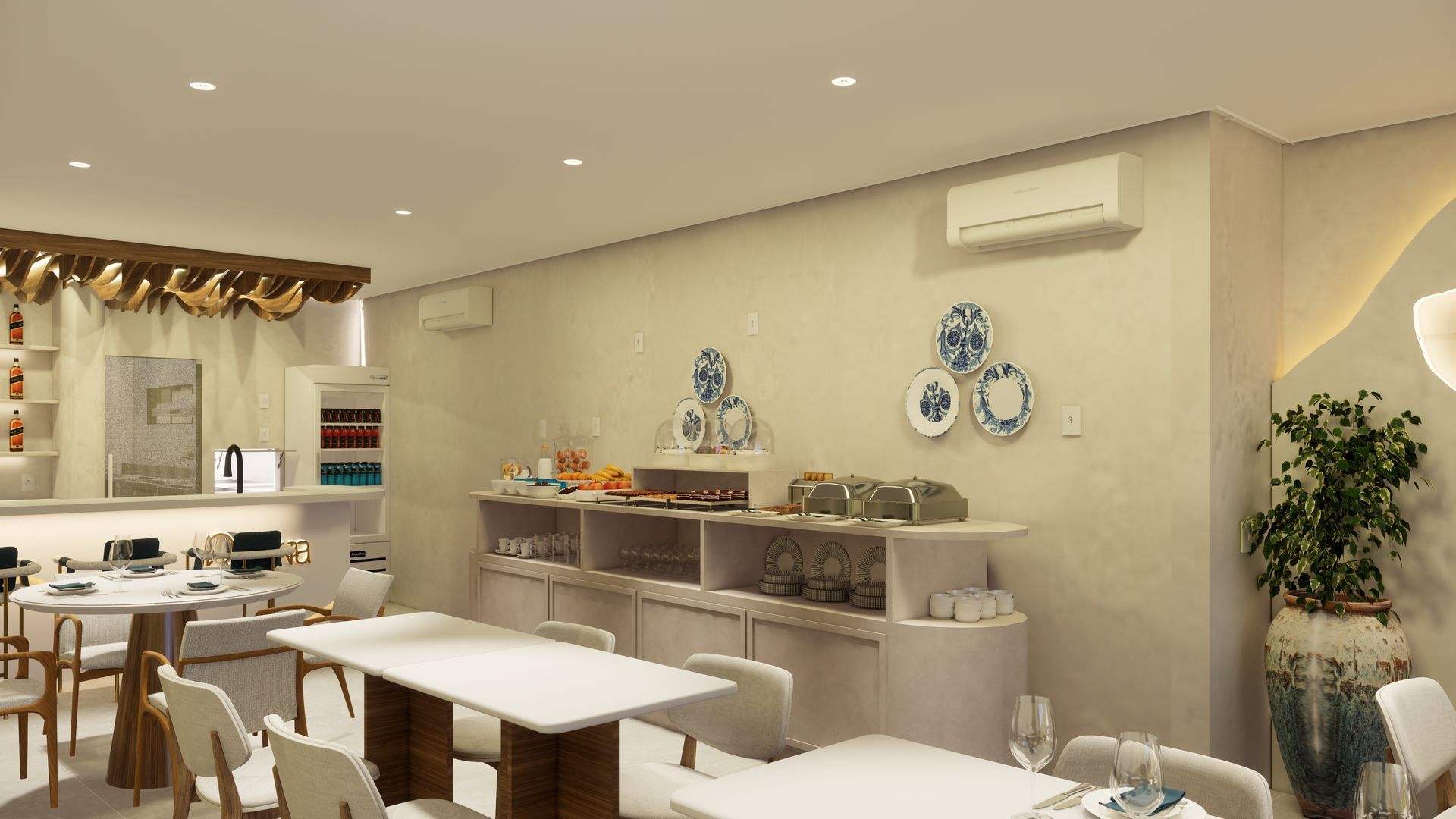 Interior de restaurante com bufê, mesas, cadeiras e elementos decorativos.