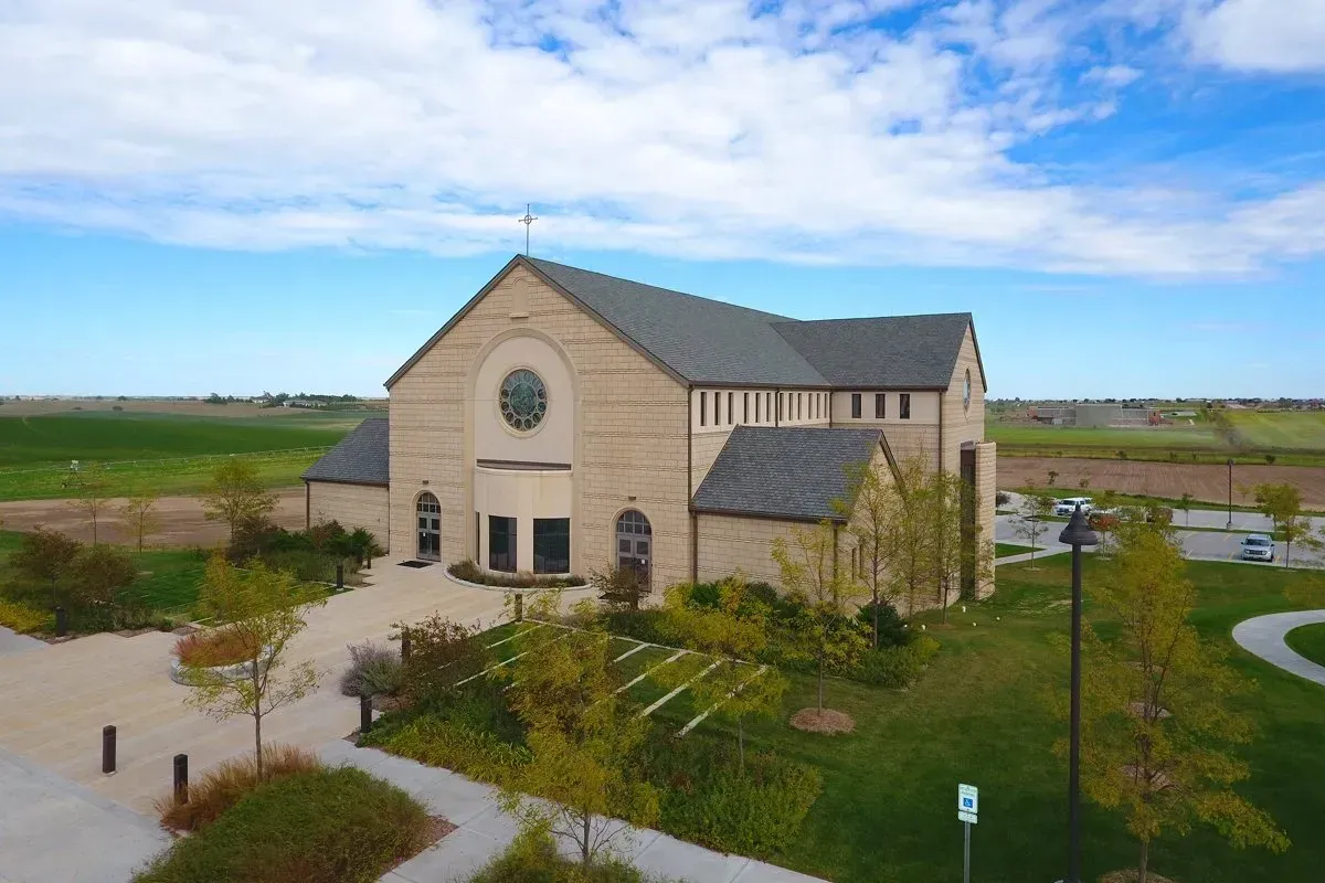 An aerial view of the Prince of Peace Church