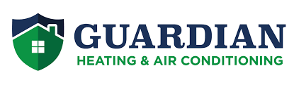 The logo for guardian heating and air conditioning is a shield with a house on it.