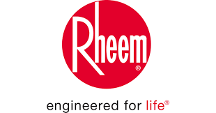 The rheem logo is red and white and says engineered for life.