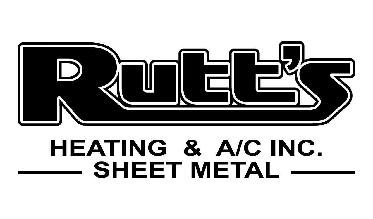 A black and white logo for rutt 's heating & a / c inc. sheet metal.