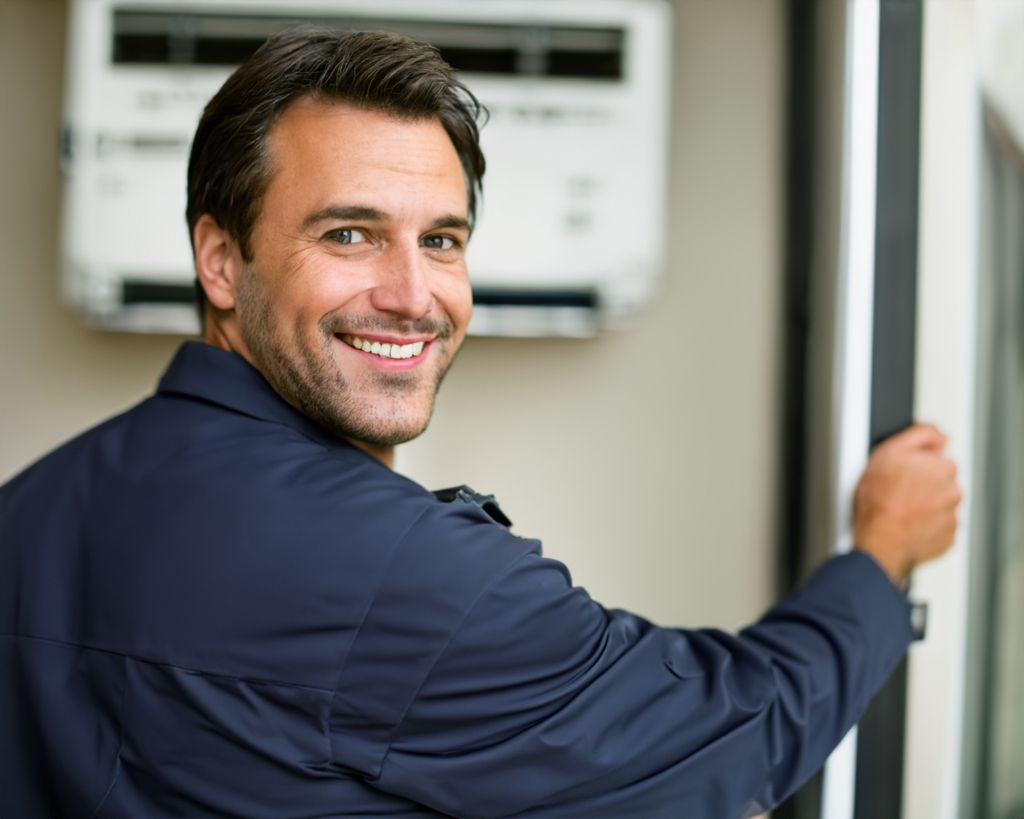 A man is smiling while standing in front of an air conditioner.