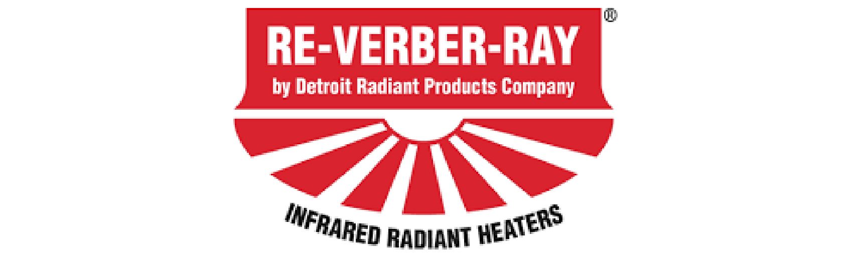 A red and white logo for re-verber-ray infrared radiant heaters
