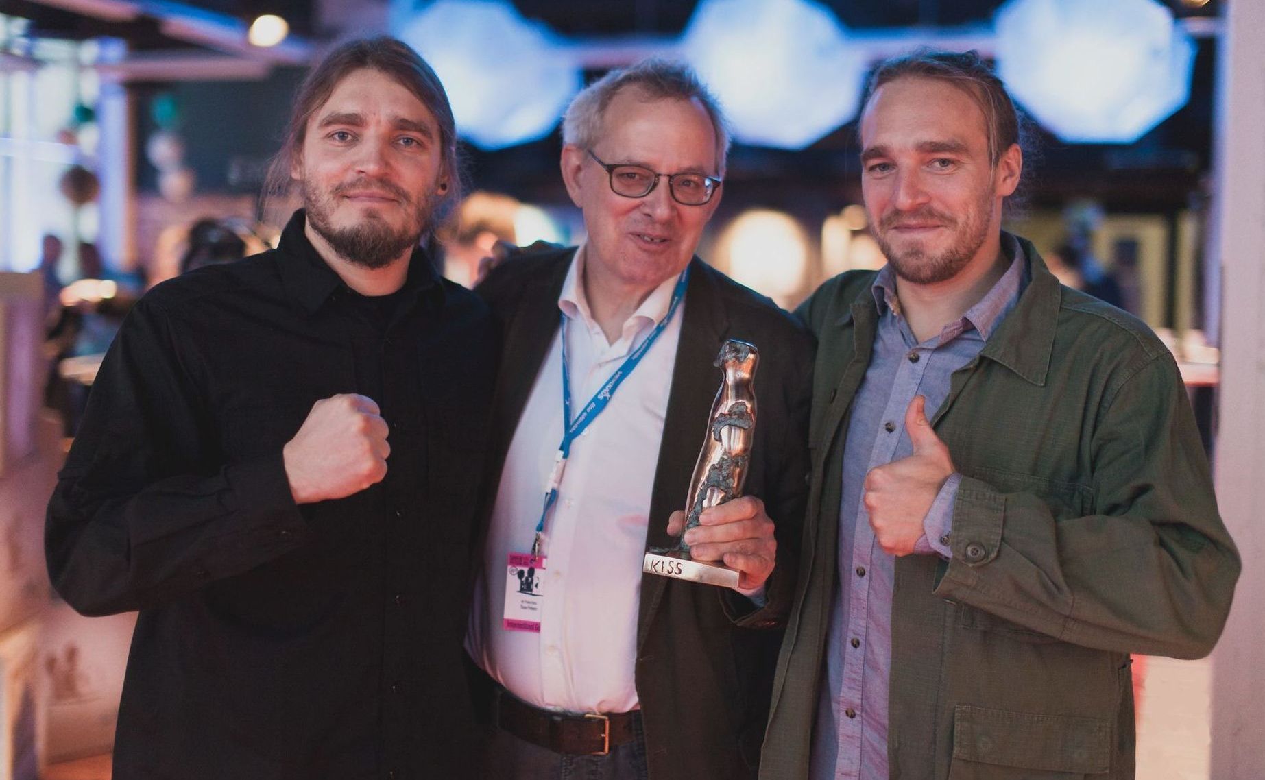 Thom Palem with directing brothers Raitis and Lauris Abele Tampere Grand Prix winning an award for Castratus image 2