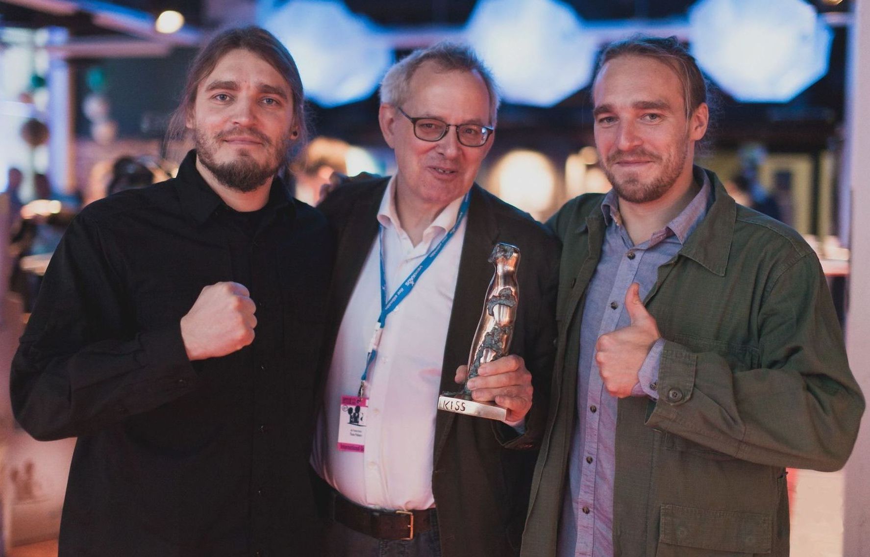 Thom Palem with directing brothers Raitis and Lauris Abele Tampere Grand Prix winning an award for Castratus image 2