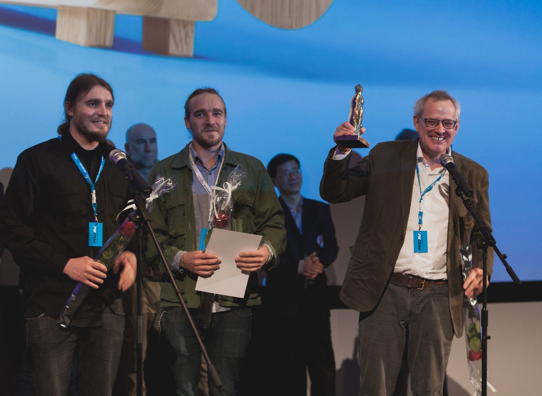 Thom Palem with directing brothers Raitis and Lauris Abele Tampere Grand Prix winning an award for Castratus image 2