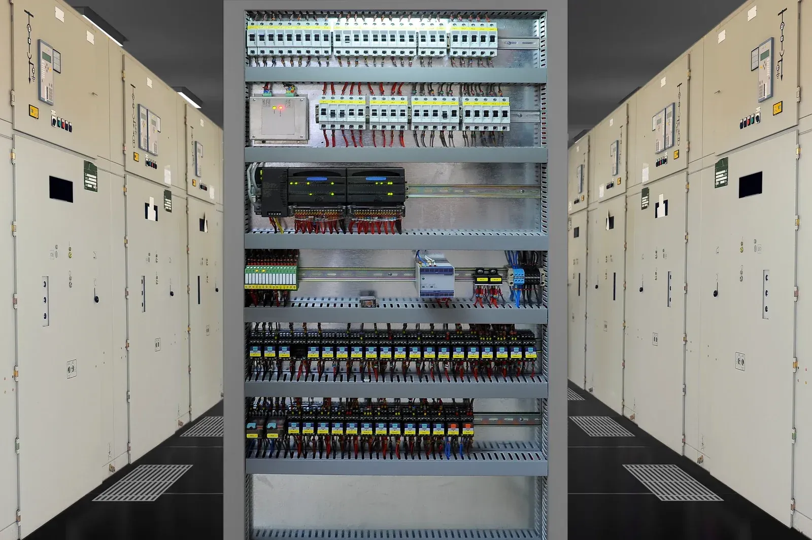 An industrial control cabinet with electrical breakers and components, flanked by large metal electrical panels.