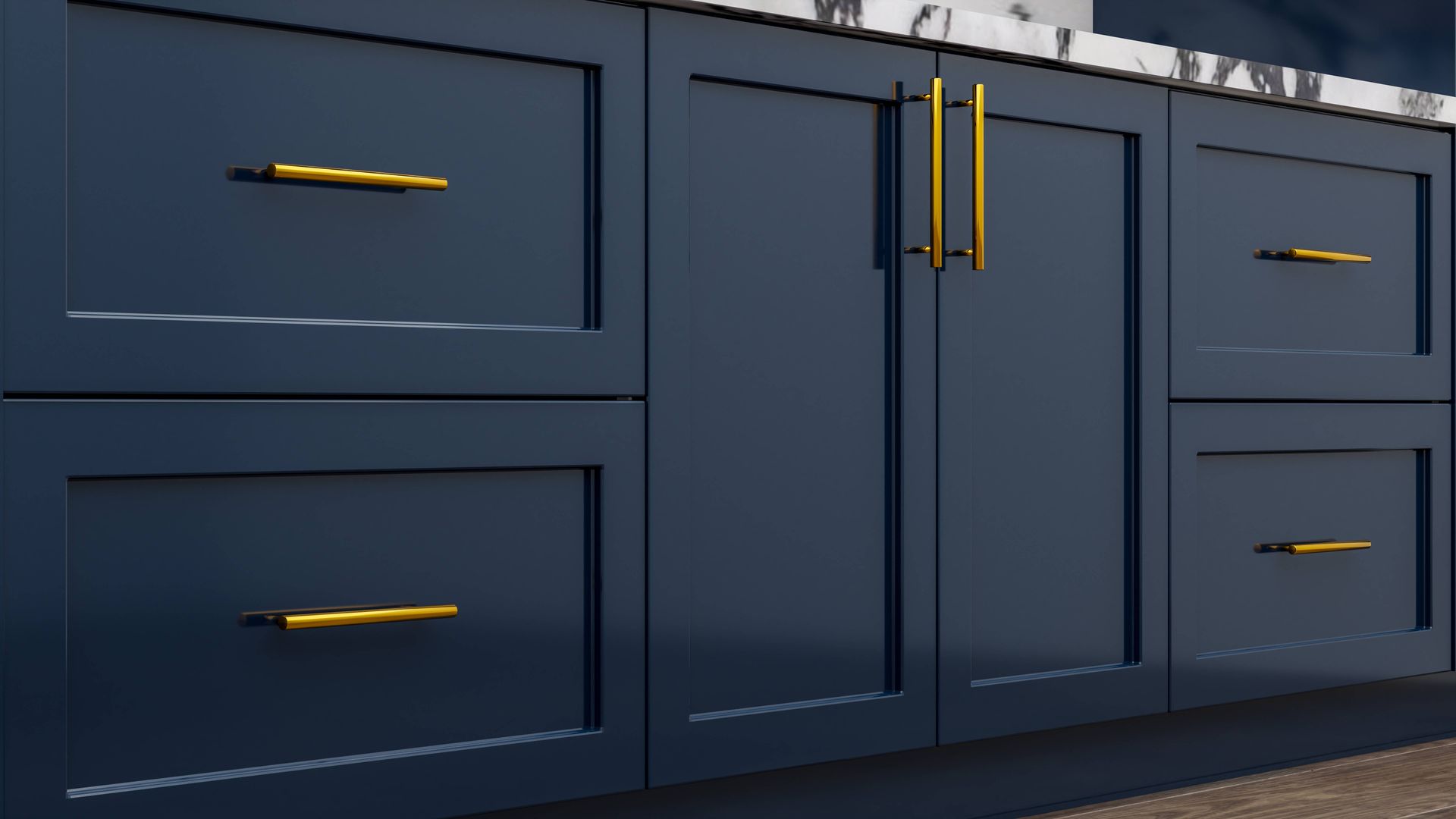 a kitchen with blue cabinets and gold handles